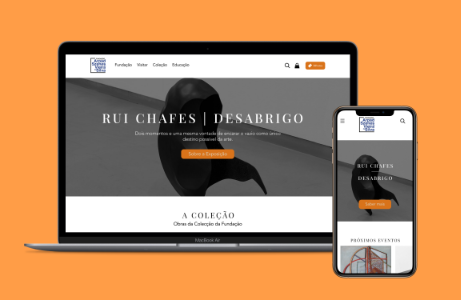 A laptop and a smartphone showing the same website in an orange background.